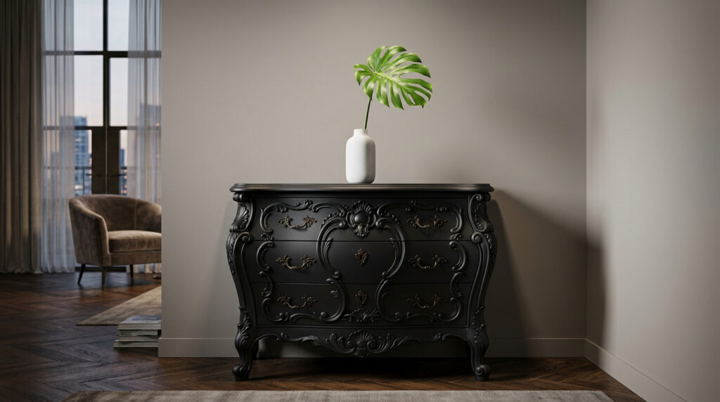 Gros plan d'un coin d'appartement moderne montrant une commode baroque antique aux sculptures complexes, entièrement laquée dans un fini noir mat moderne. Un vase blanc minimaliste avec une seule feuille verte est posé dessus, contre un mur grège.