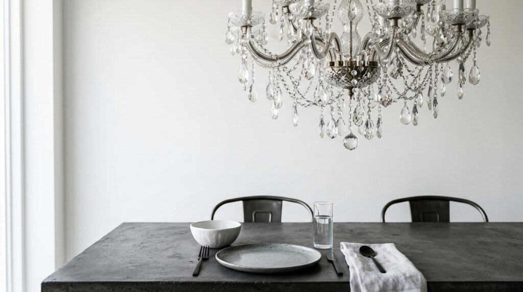 Gros plan d'un coin repas chic où une table à manger moderne en béton ciré mat est associée à un lustre baroque complexe en cristal de haute qualité suspendu juste au-dessus. L'arrière-plan est un mur minimaliste épuré.