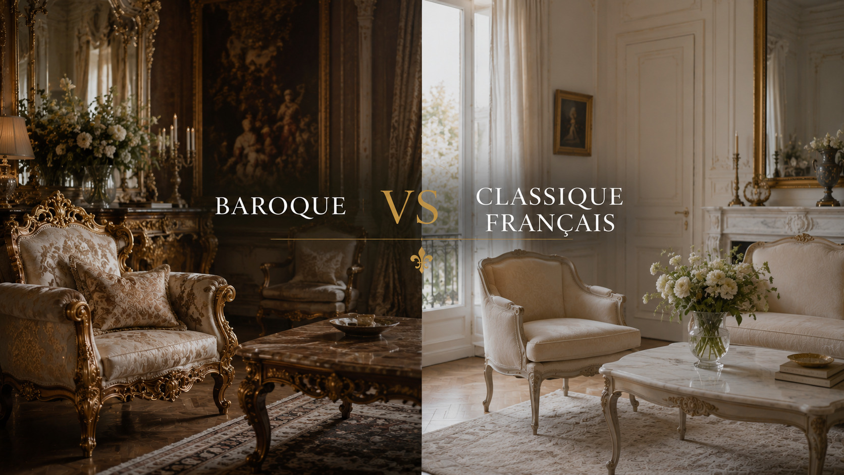 Comparaison élégante entre un intérieur baroque luxueux et un salon de style classique français avec mobilier Louis XV Louis XVI